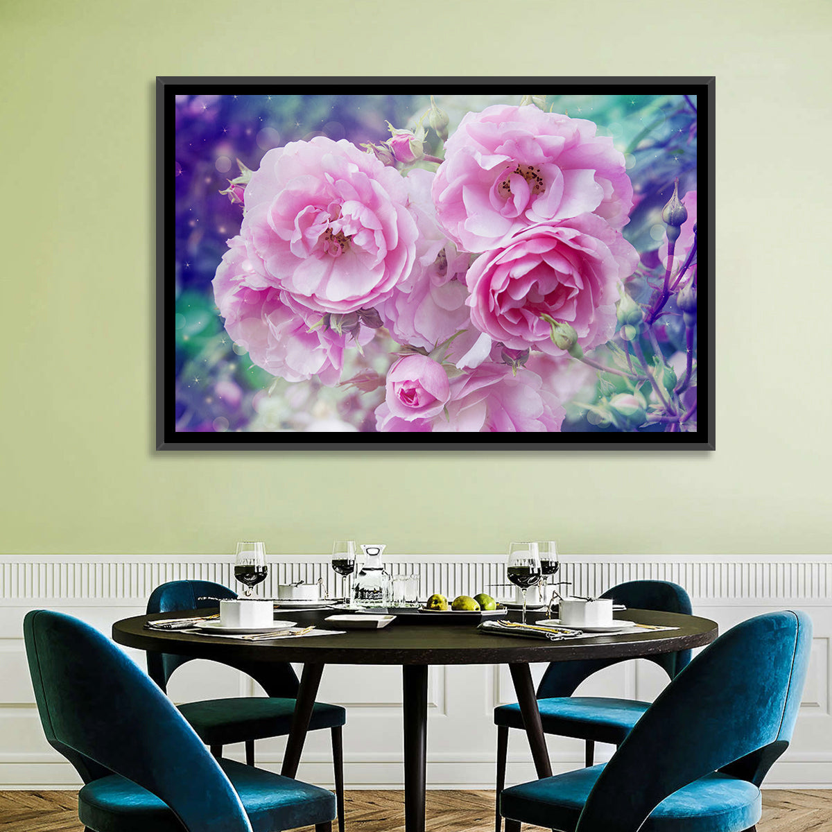 Springtime Pink Rose Cluster Wall Art in a room, landscape