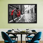 Red Bicycle on Rainy Cobblestone Street Wall Art