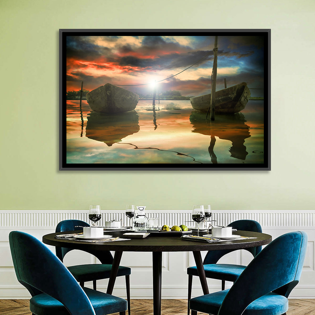 Two Wooden Boats at Sunset Wall Art