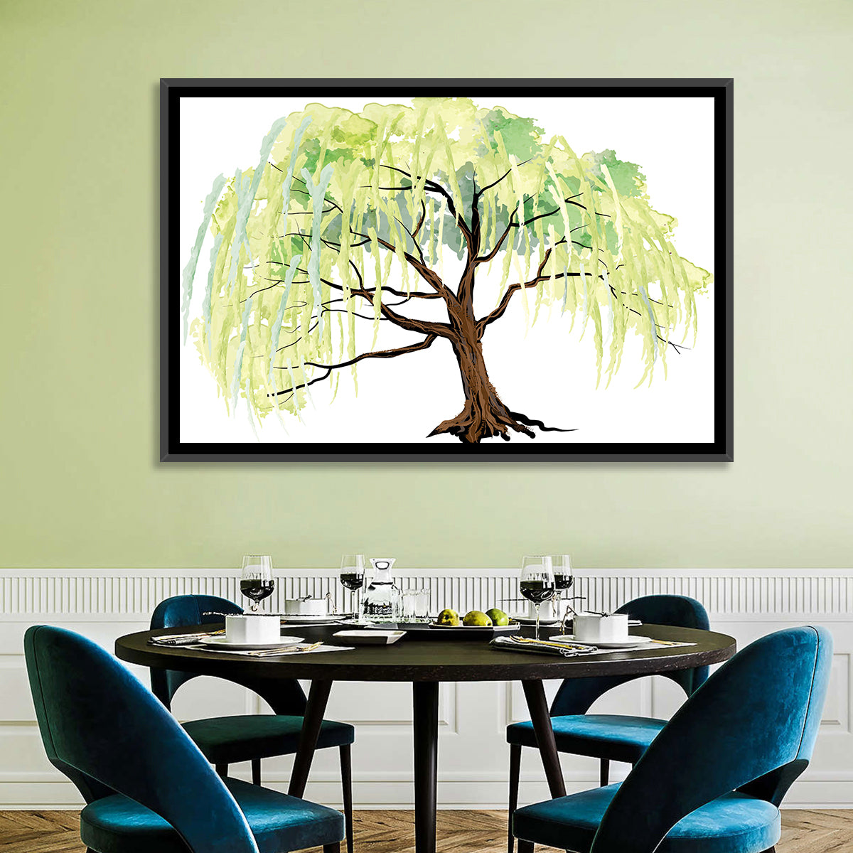 Weeping Willow Watercolor Sketch Wall Art in a room, landscape