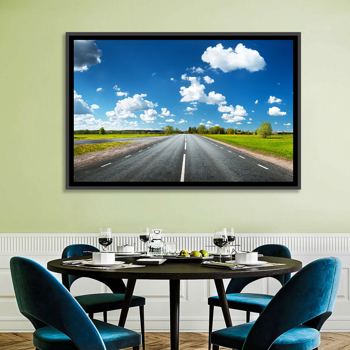 Asphalt Road Through Meadow Wall Art in a room, landscape