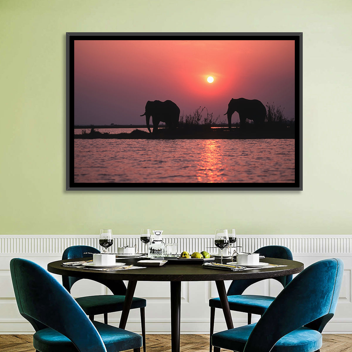 Elephants at Sunset Silhouette Wall Art in a room, landscape