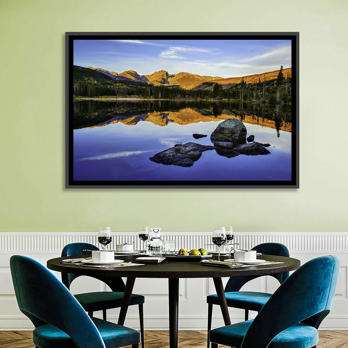 Sprague Lake Sunrise Reflection Wall Art in a room, landscape