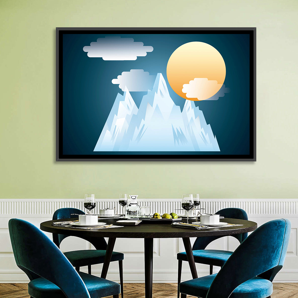 Geometric Snowy Mountain with Golden Sun Wall Art