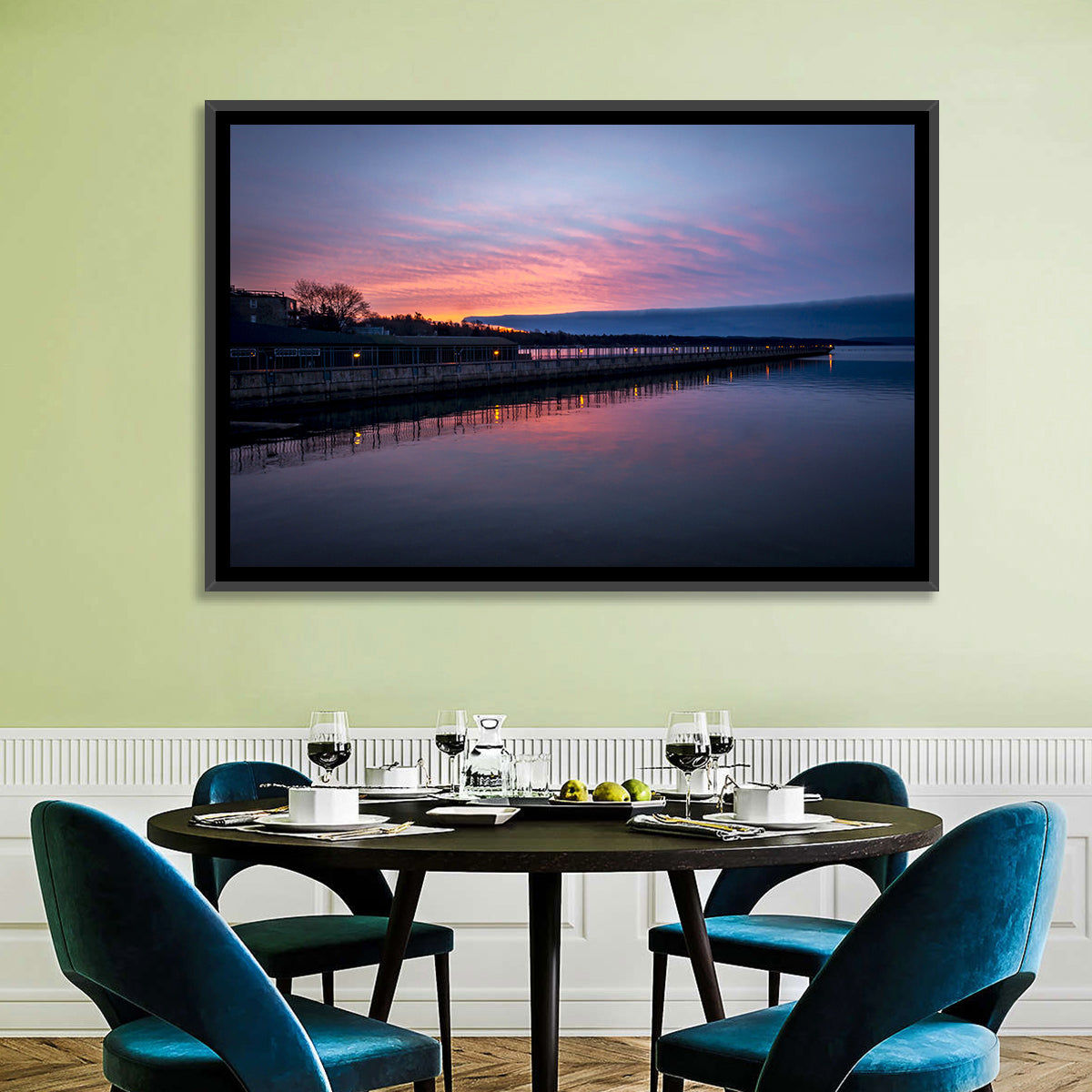 Skaneateles Lake Pier at Dusk Wall Art in a room, landscape