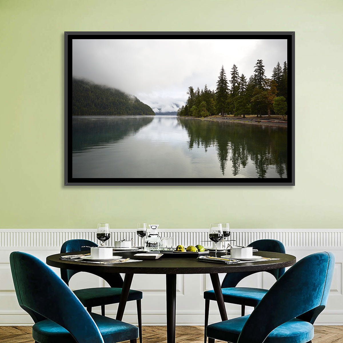 Foggy Lake Crescent Reflection Wall Art in a room, landscape