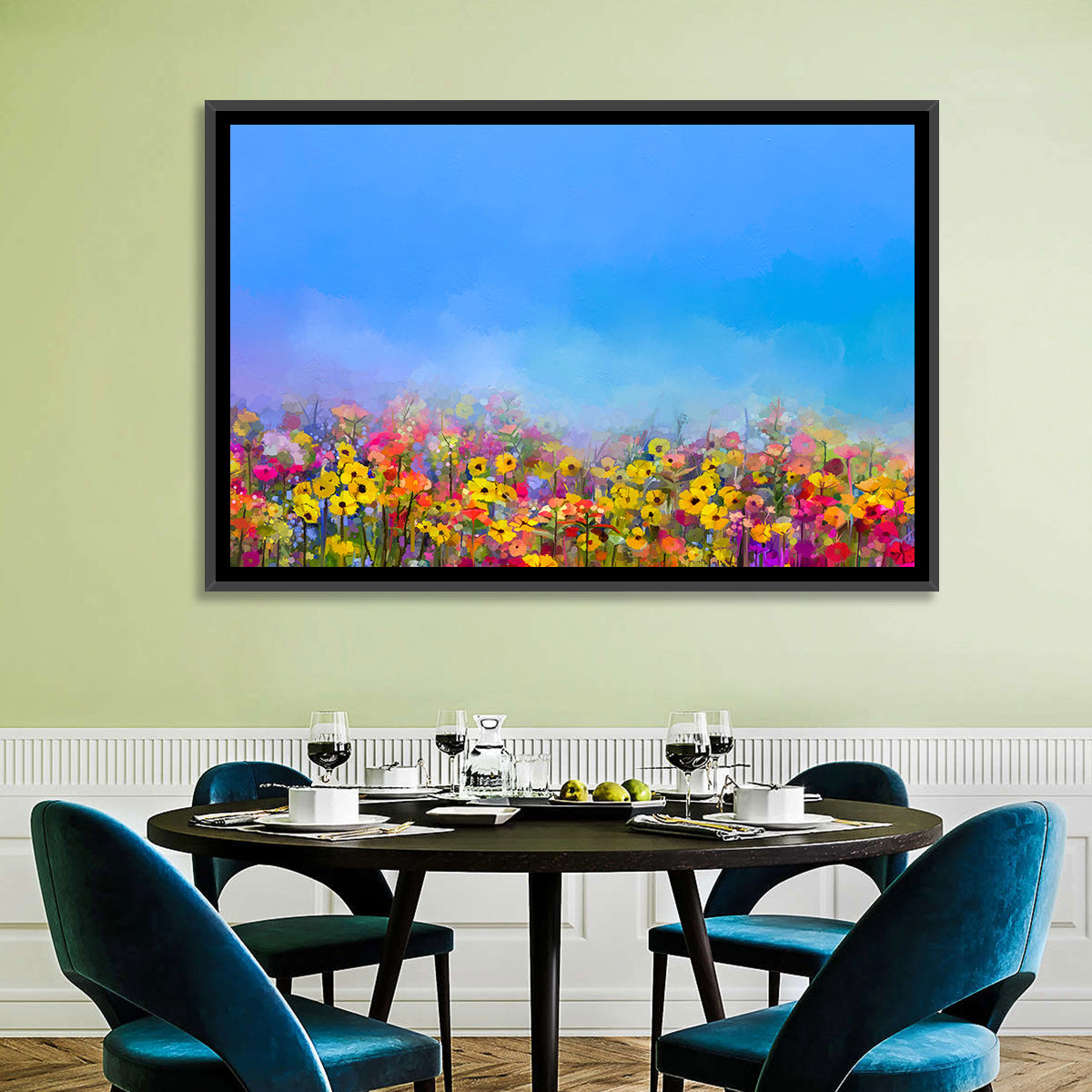 Cornflower and Daisy Meadow Wall Art in a room, landscape