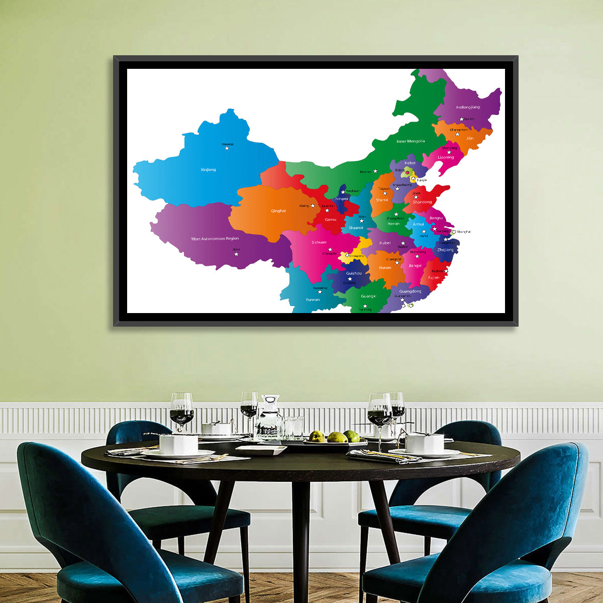 Colorful China Provinces Map Wall Art