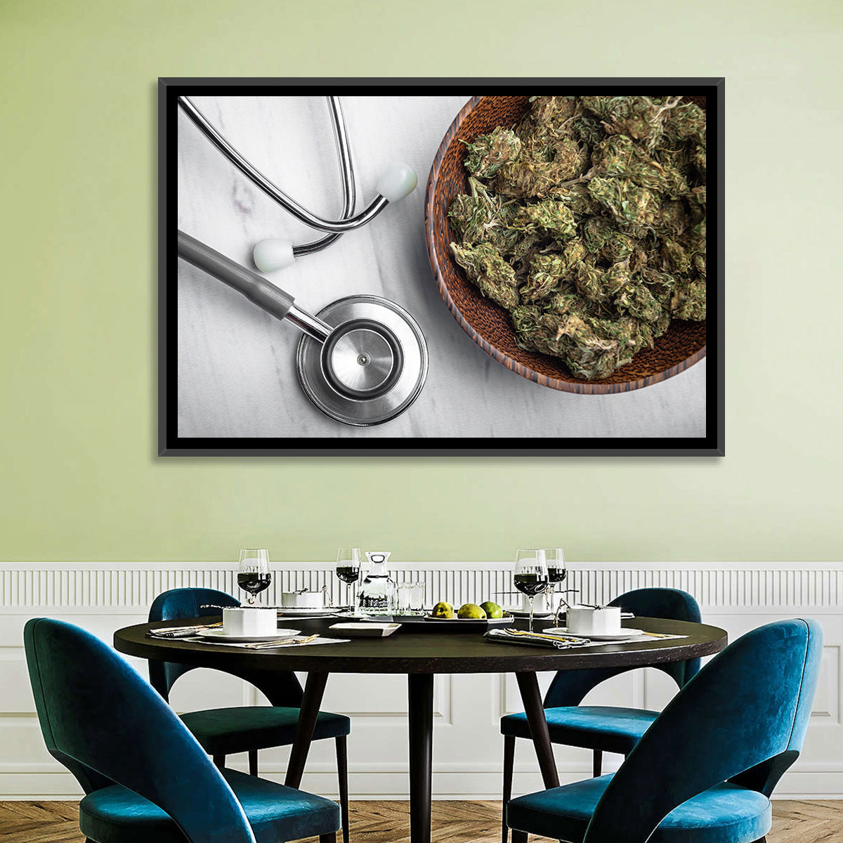 Stethoscope and Medical Cannabis Still Life Wall Art in a room, landscape