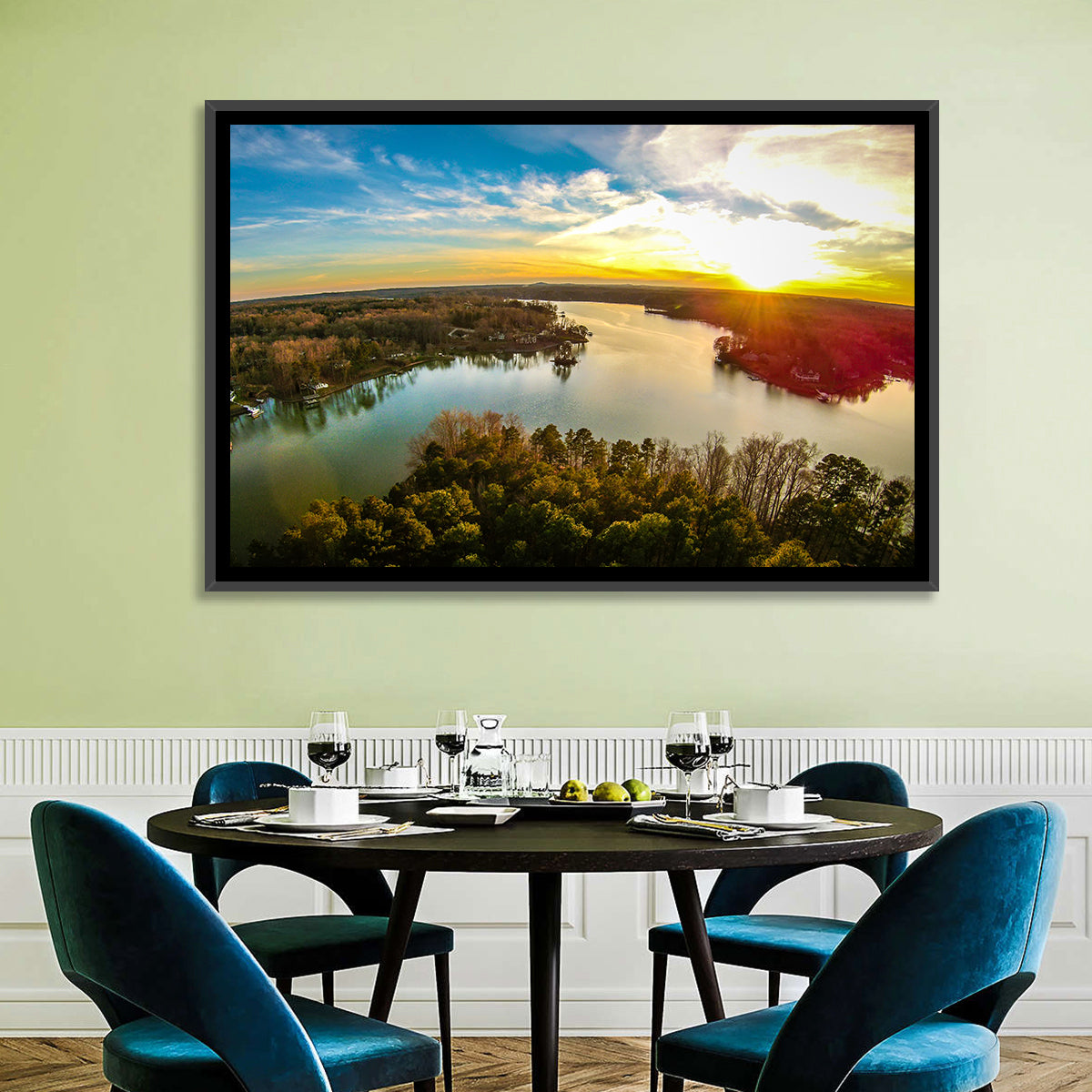 Lake Wylie Golden Sunset Wall Art in a room, landscape