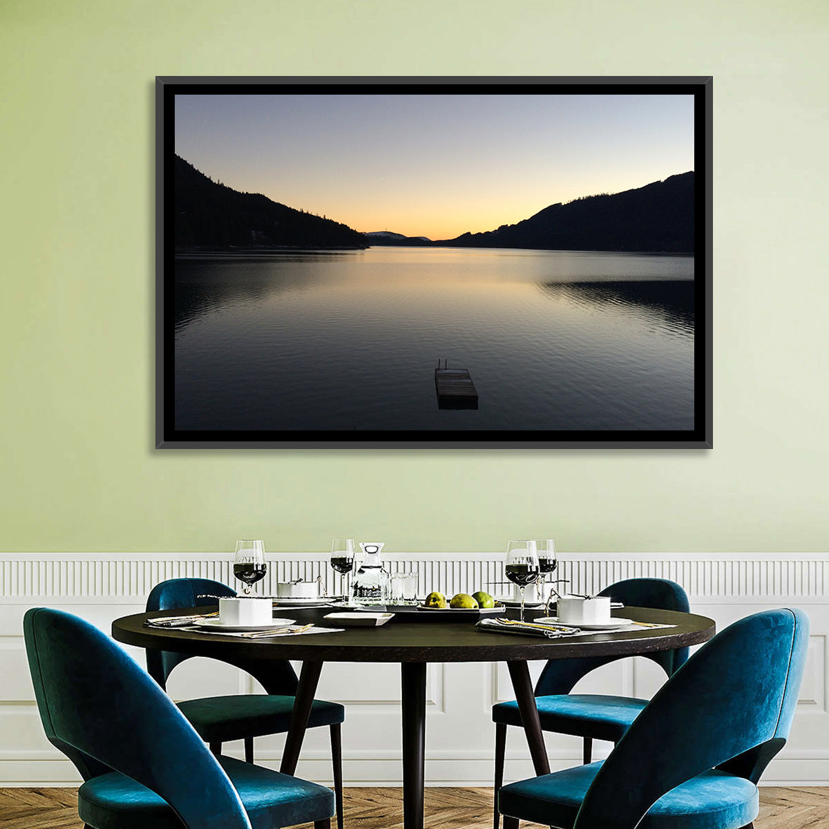 Lake Cushman Dock at Dusk Wall Art in a room, landscape