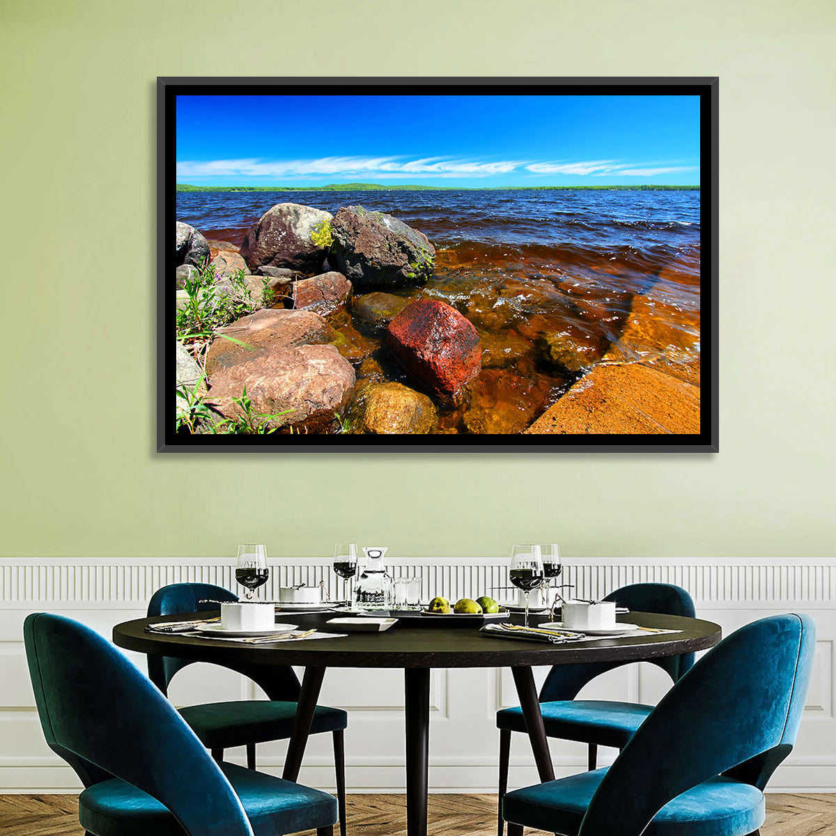 Lake Gogebic Rocky Shoreline Wall Art in a room, landscape