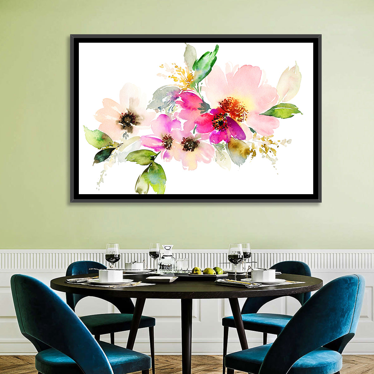 Delicate Pink Floral Watercolor Wall Art in a room, landscape