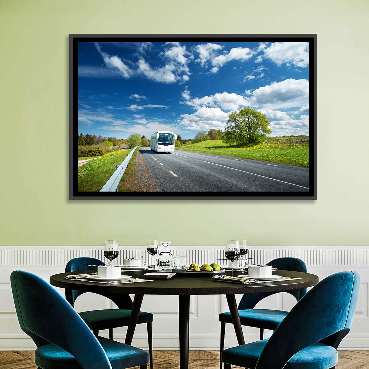 White Bus on Meadow Road Wall Art