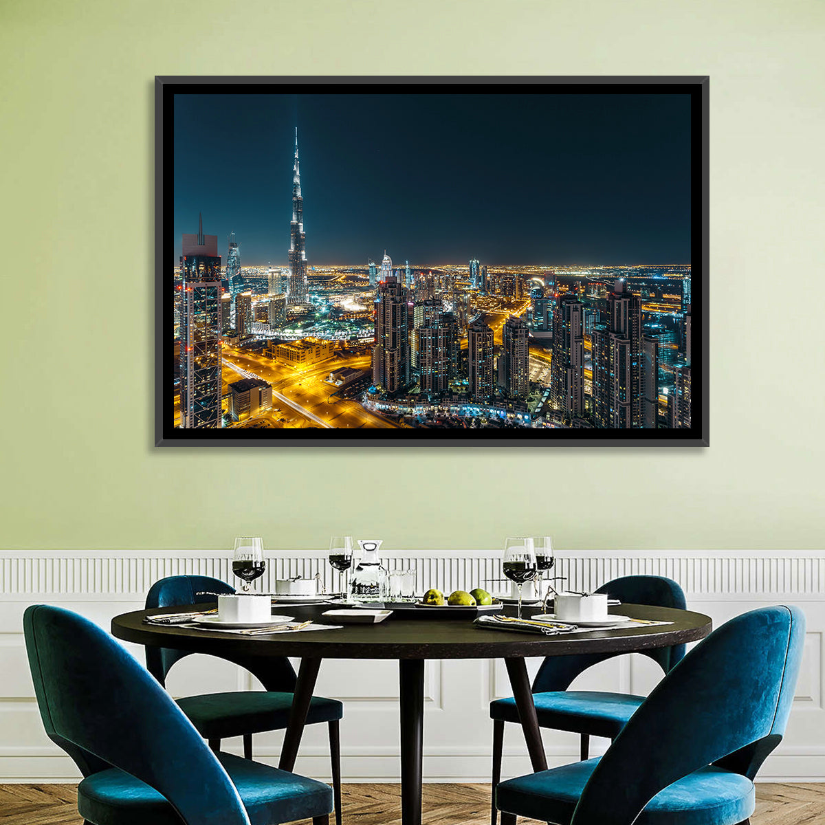 Dubai Night Skyline with Burj Khalifa Wall Art in a room, landscape