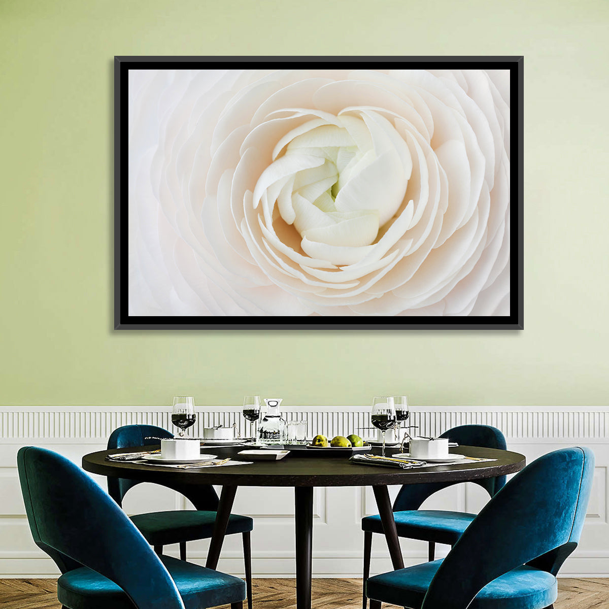 Peach Ranunculus Macro Bloom Wall Art in a room, landscape
