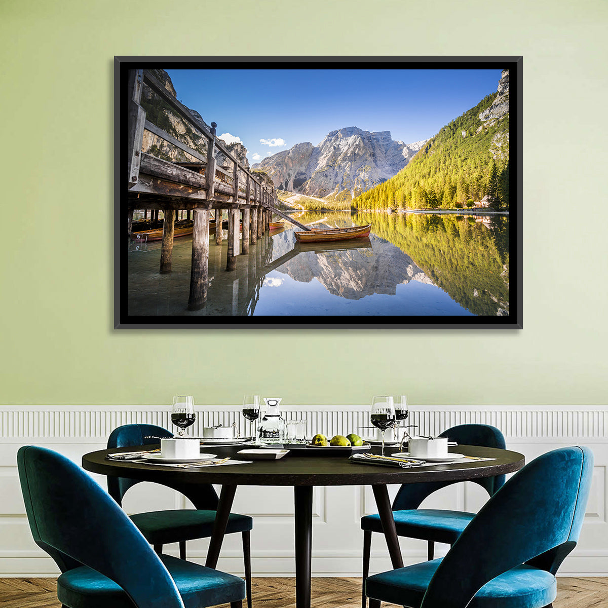 Lago Di Braies Pier Wall Art in a room, landscape