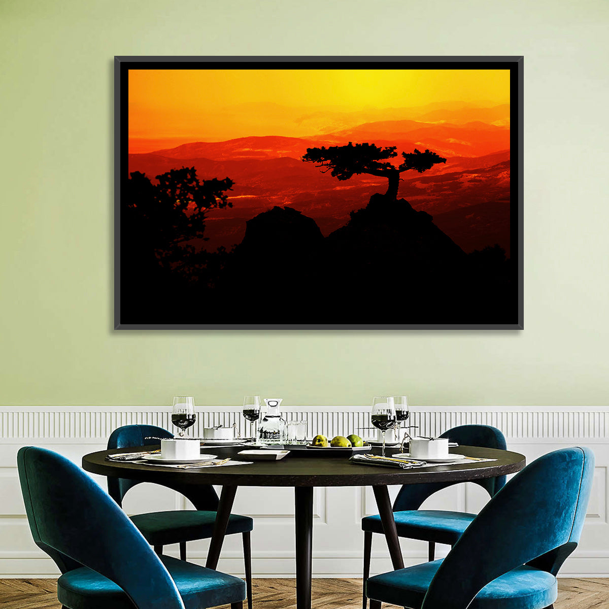 Gnarled Tree at African Sunset Wall Art in a room, landscape