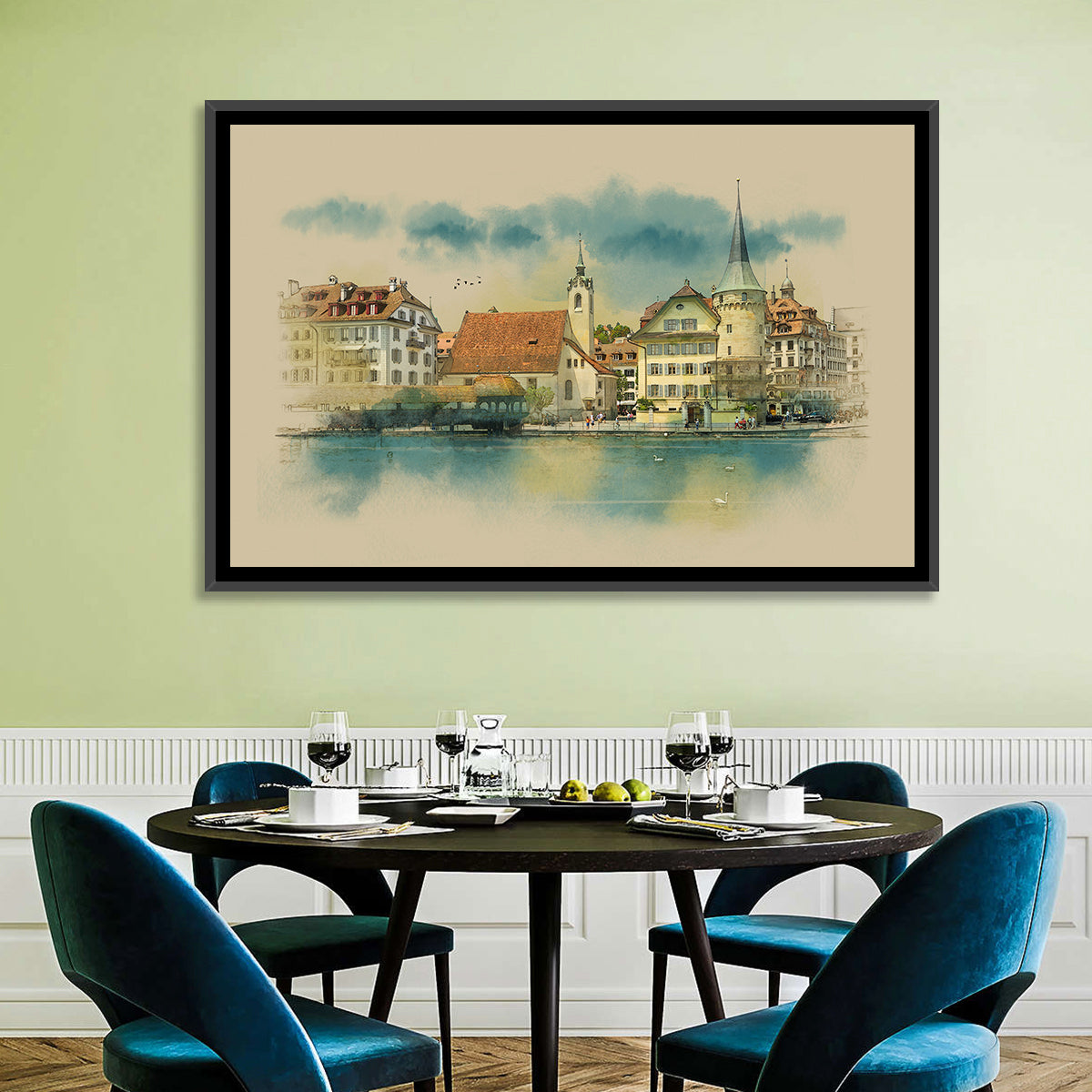 Lucerne Waterfront Sketch Wall Art in a room, landscape