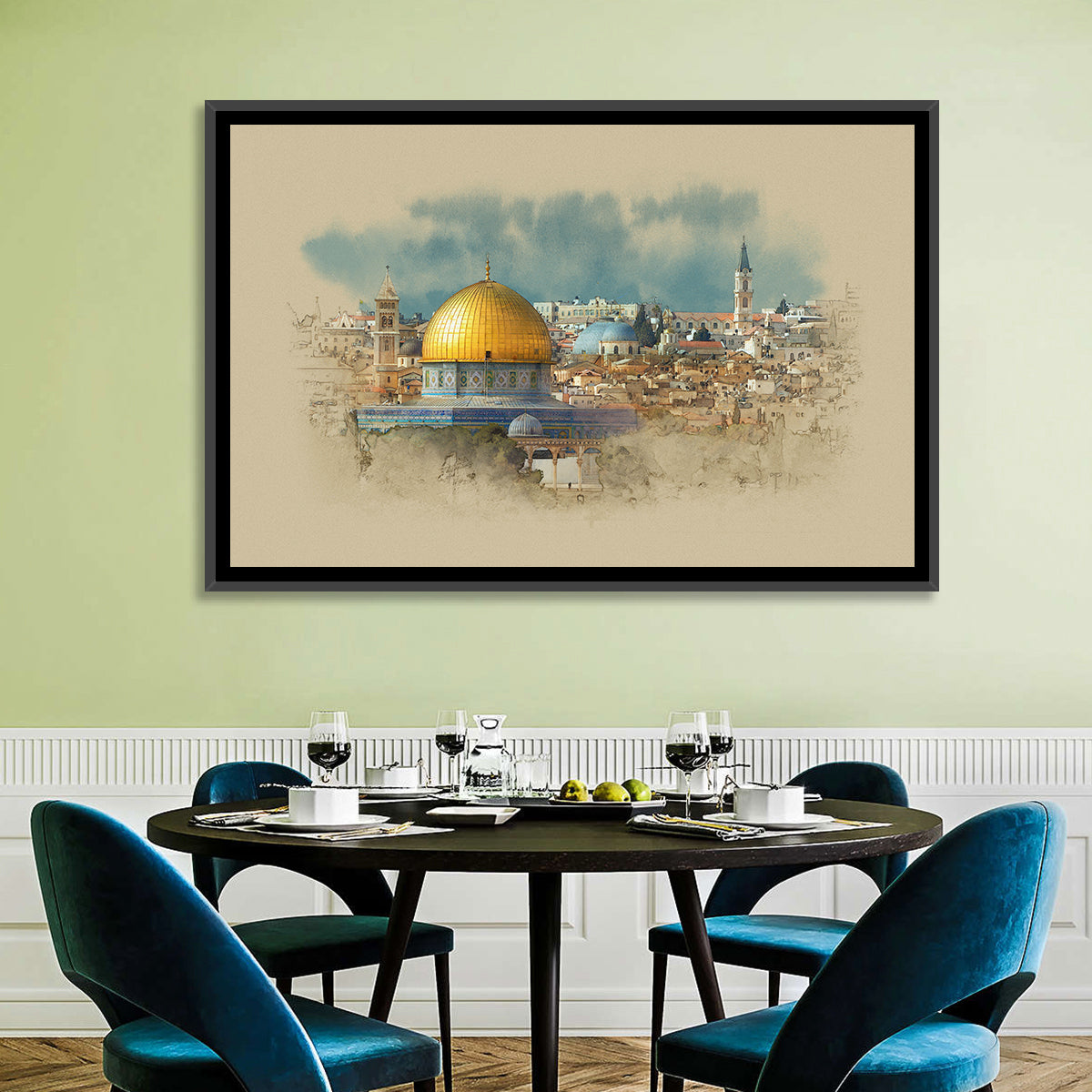 Dome of the Rock Watercolor Study Wall Art in a room, landscape