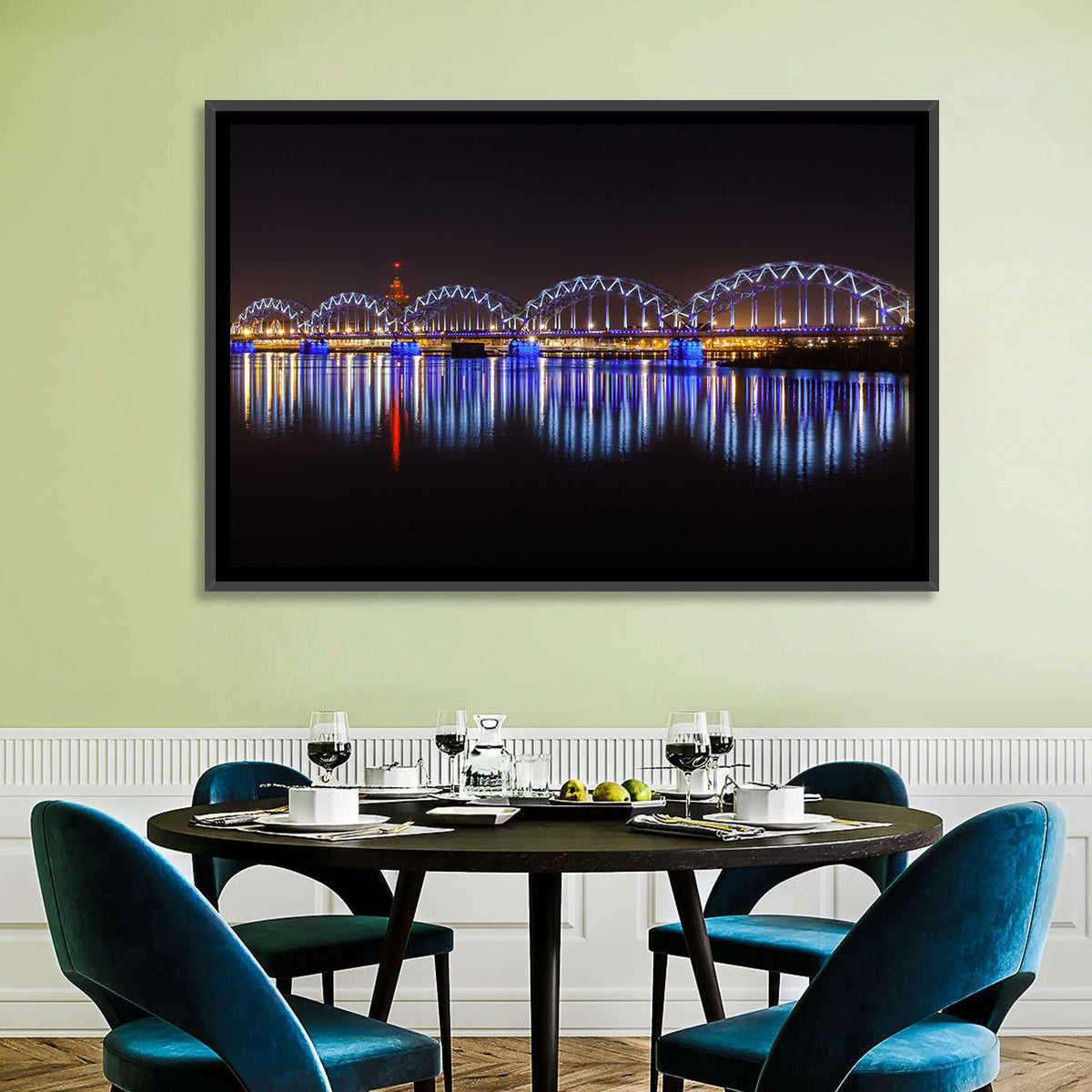Riga Railway Bridge Nightscape Wall Art in a room, landscape