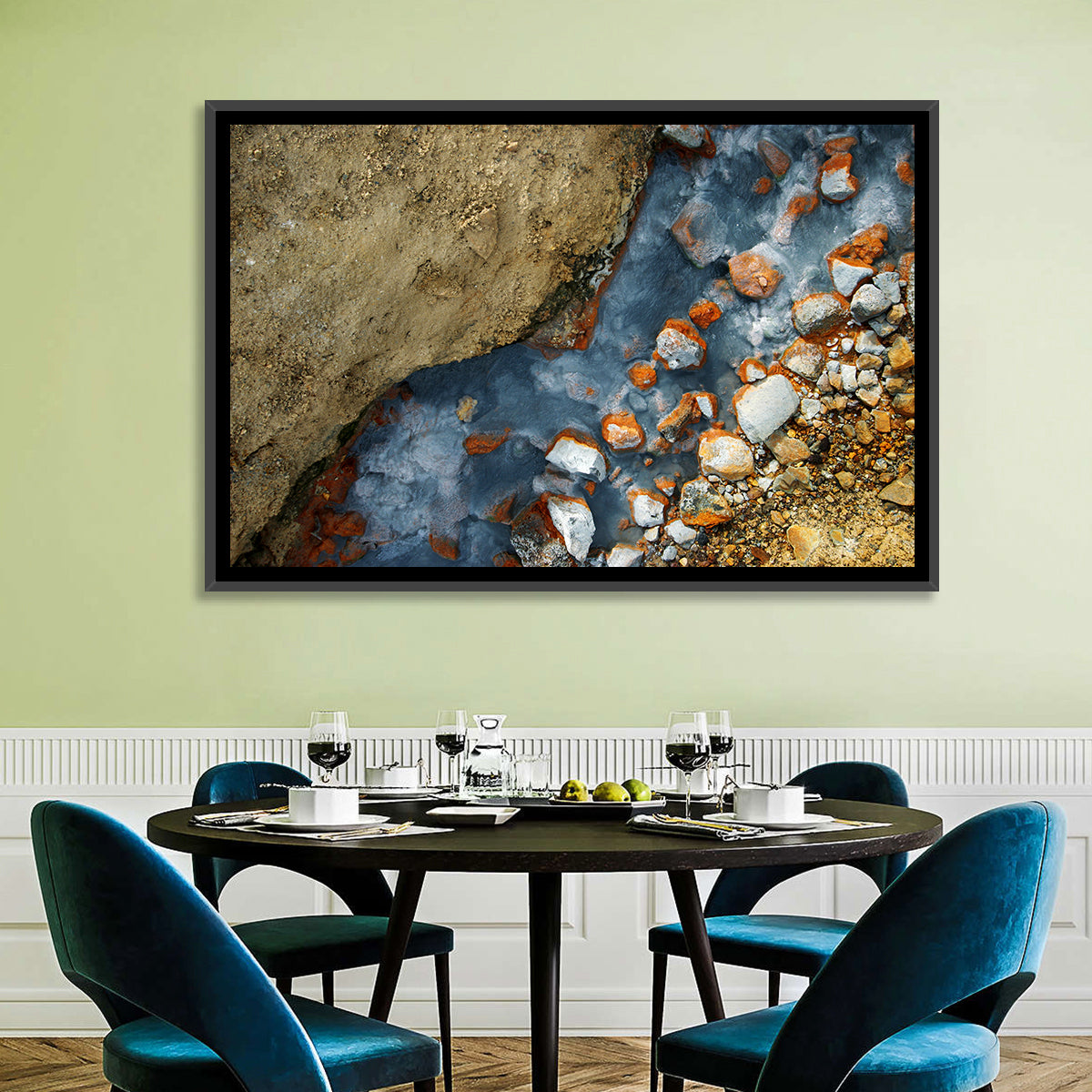 Milky Blue Geothermal Creek Wall Art in a room, landscape