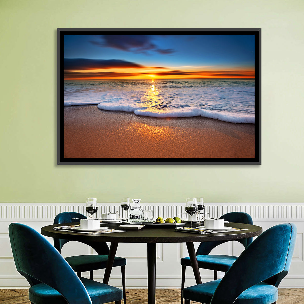 Sun Flare Beach Sunrise Wall Art in a room, landscape