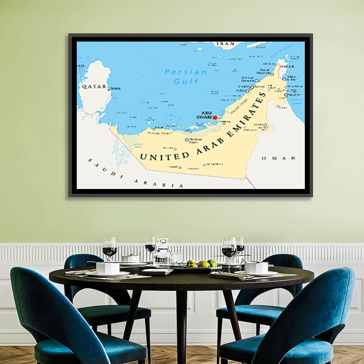 UAE Political Map Wall Art in a room, landscape