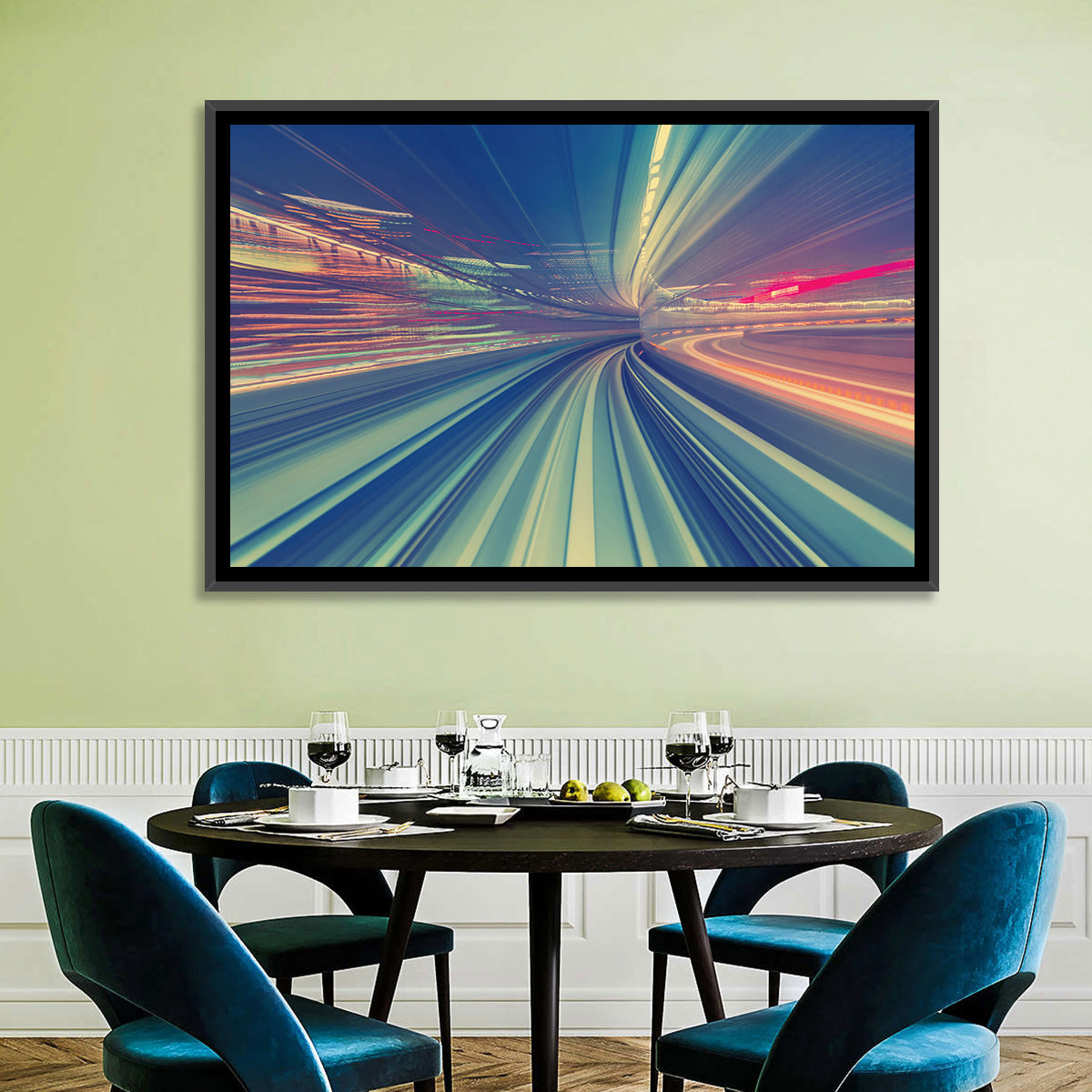 Monorail Night Light Trails Wall Art in a room, landscape