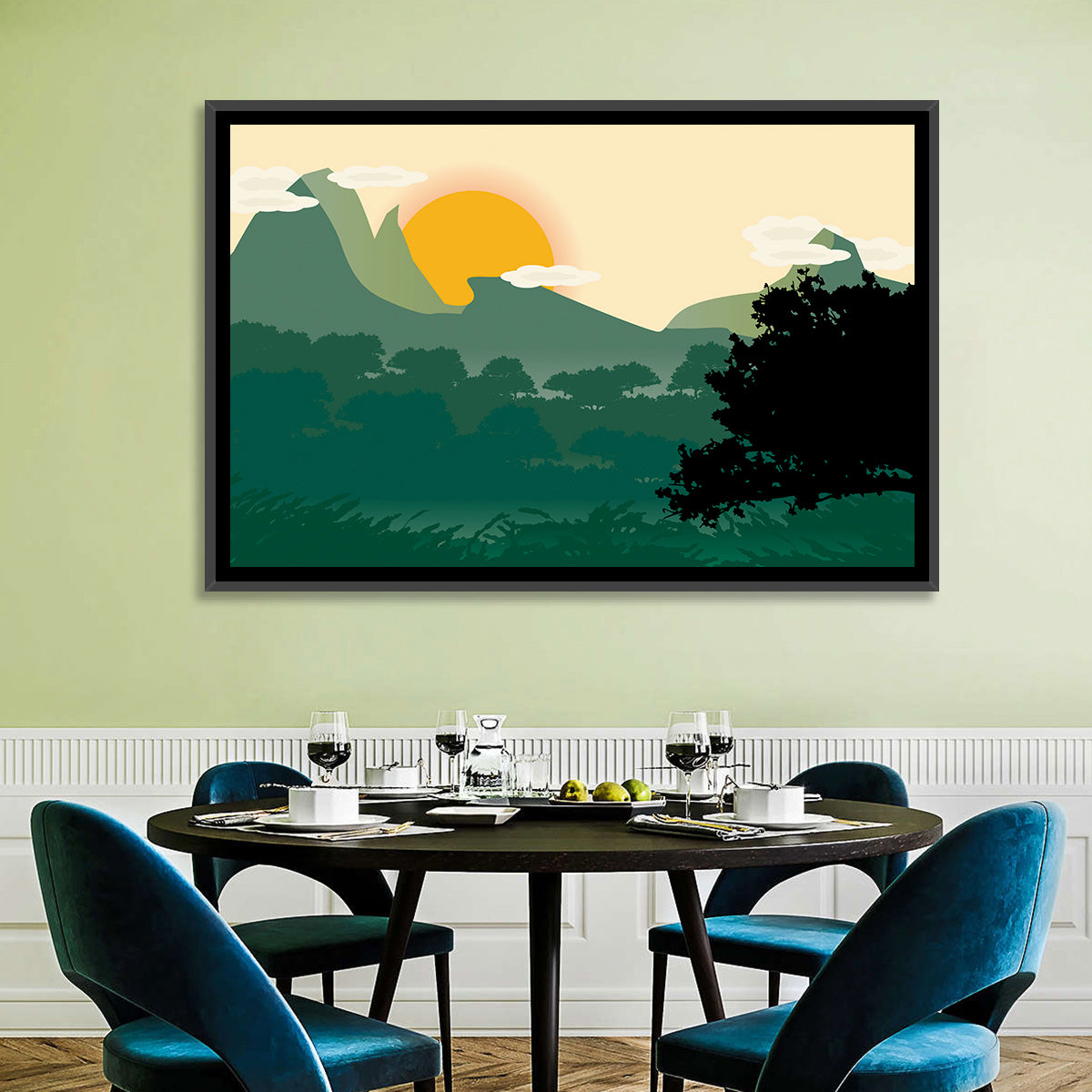 Geometric Mountain Forest Sunrise Wall Art