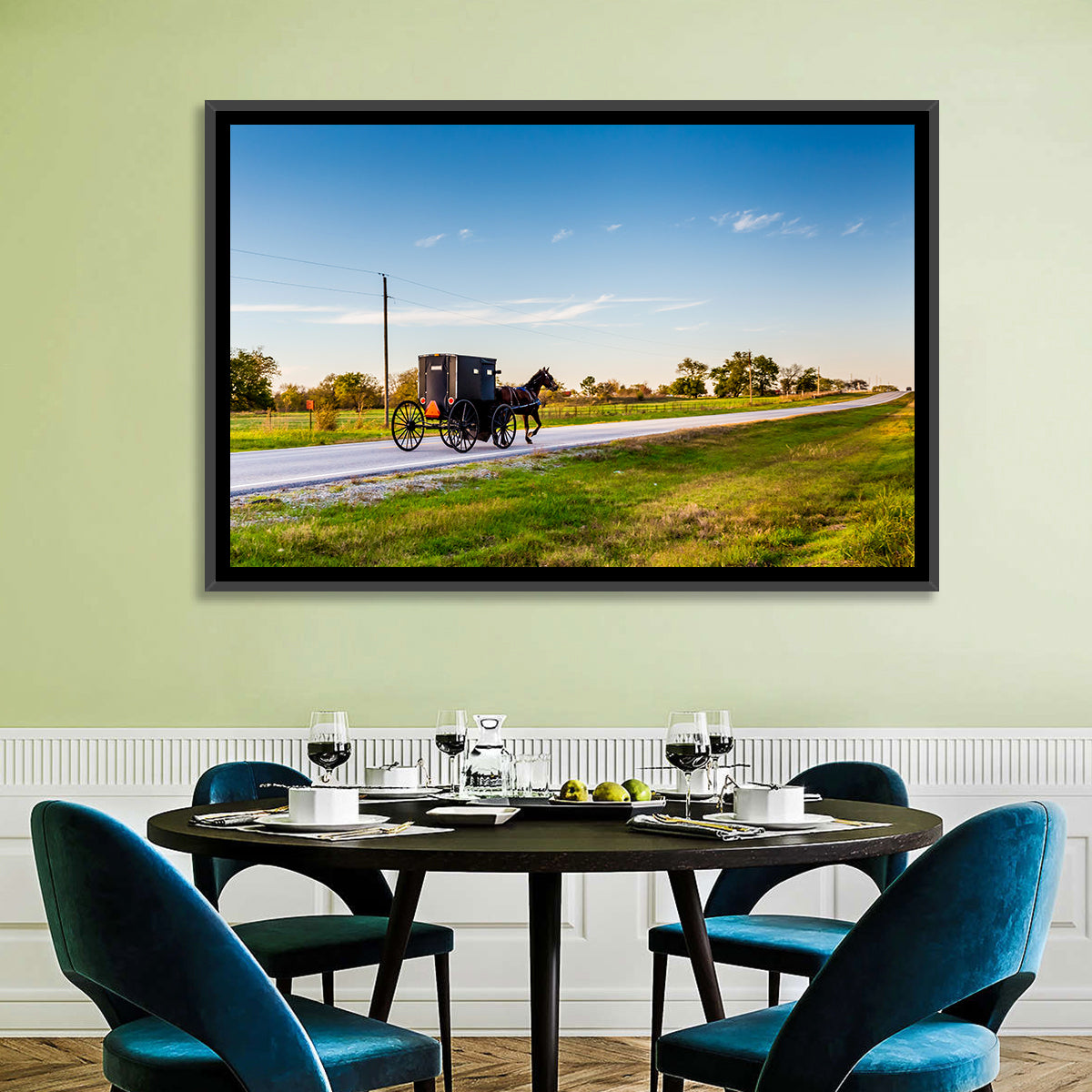 Amish Horse and Buggy, Oklahoma Wall Art in a room, landscape