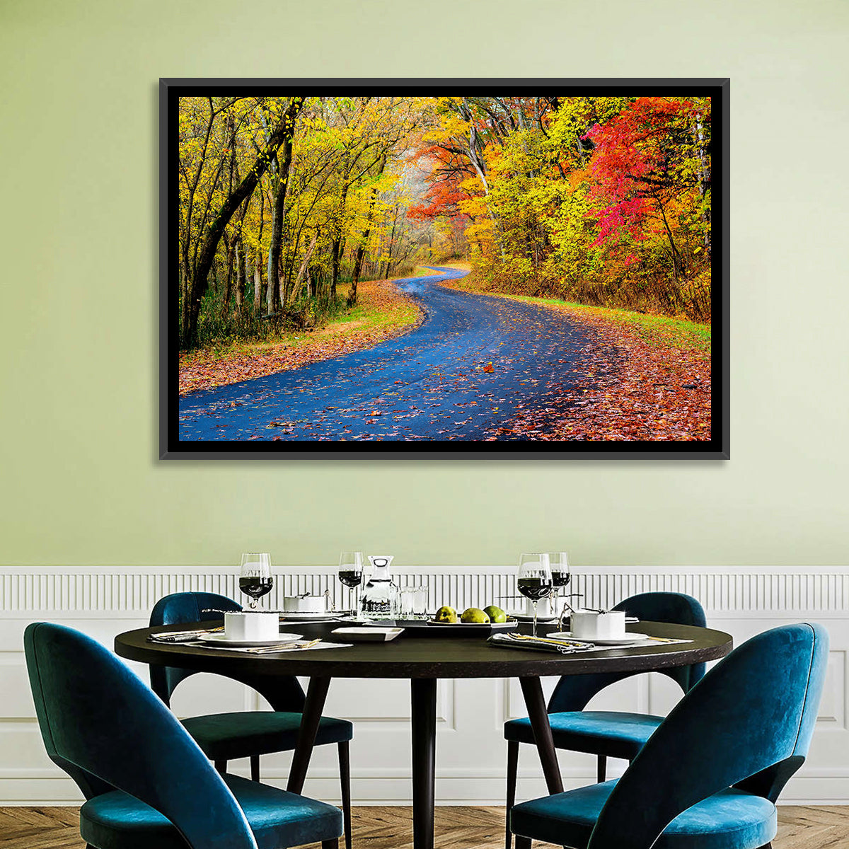 Wet Autumn Road Wall Art in a room, landscape
