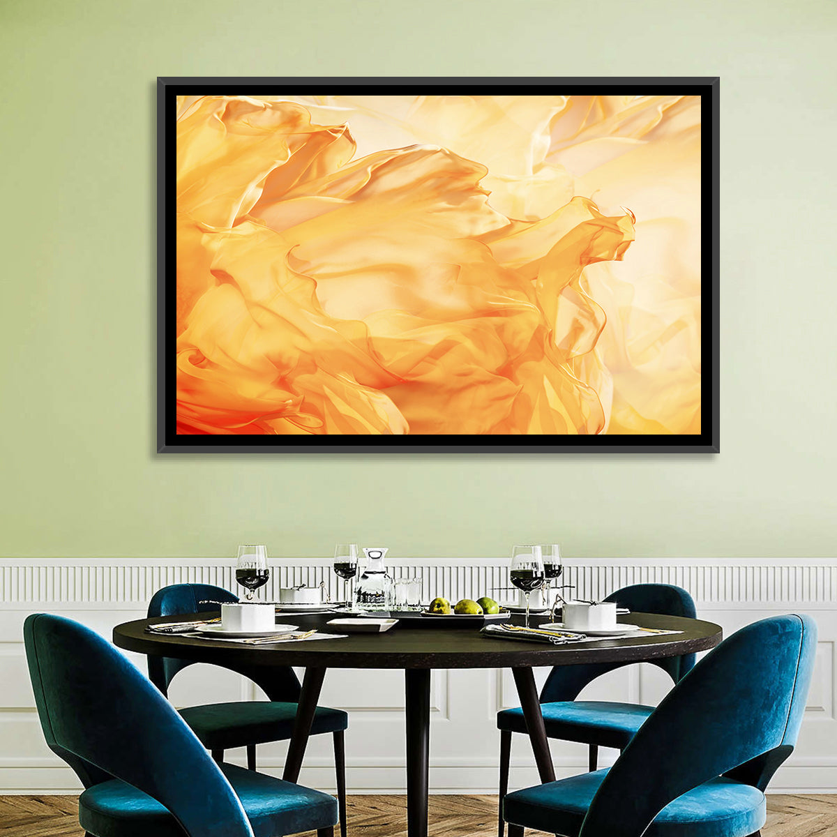 Golden Waving Cloth Abstract Wall Art in a room, landscape