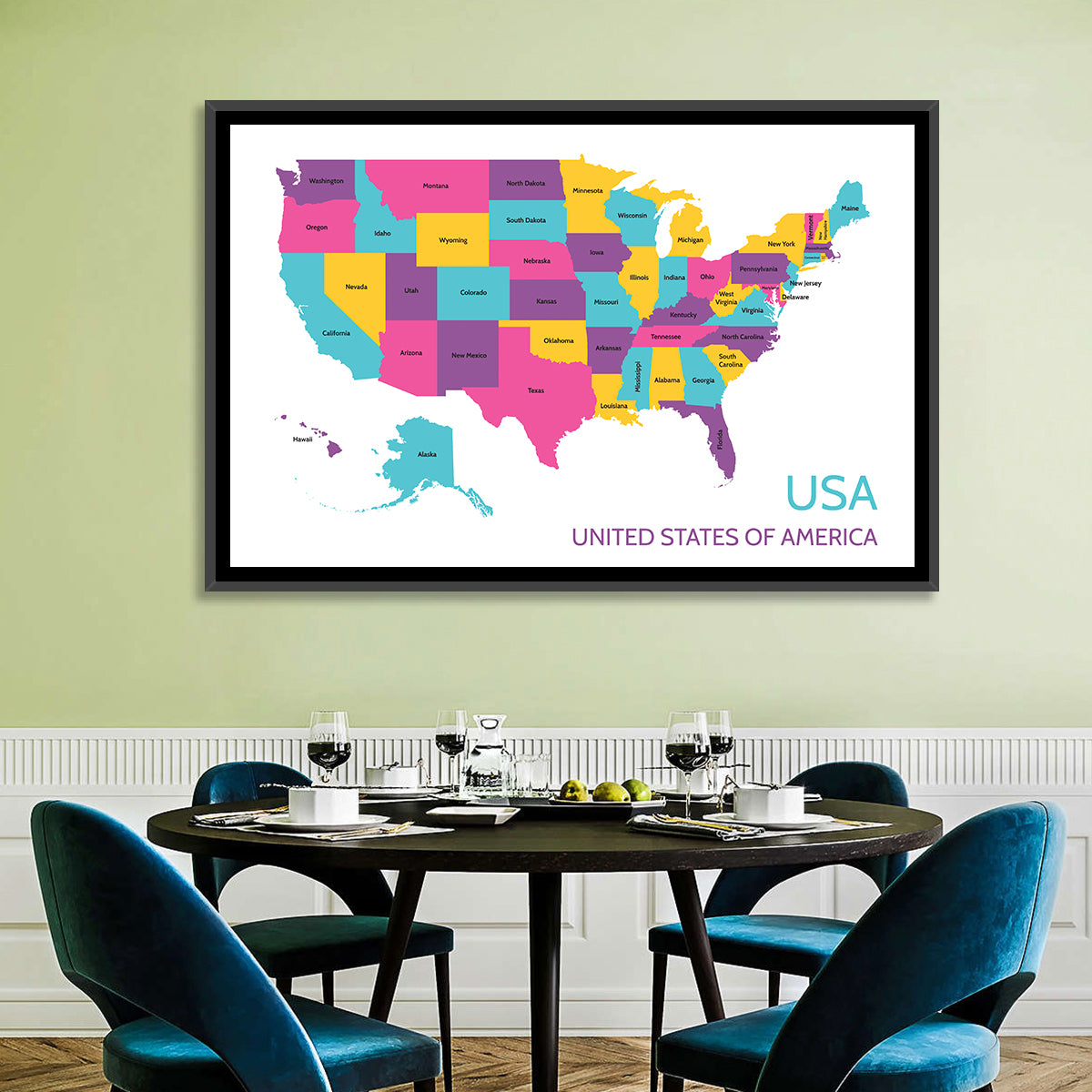 Detailed United States Map Wall Art in a room, landscape