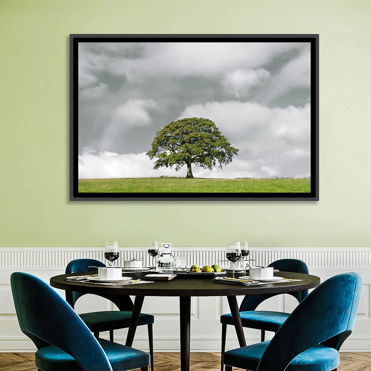 Solitary Oak in Meadow Wall Art in a room, landscape