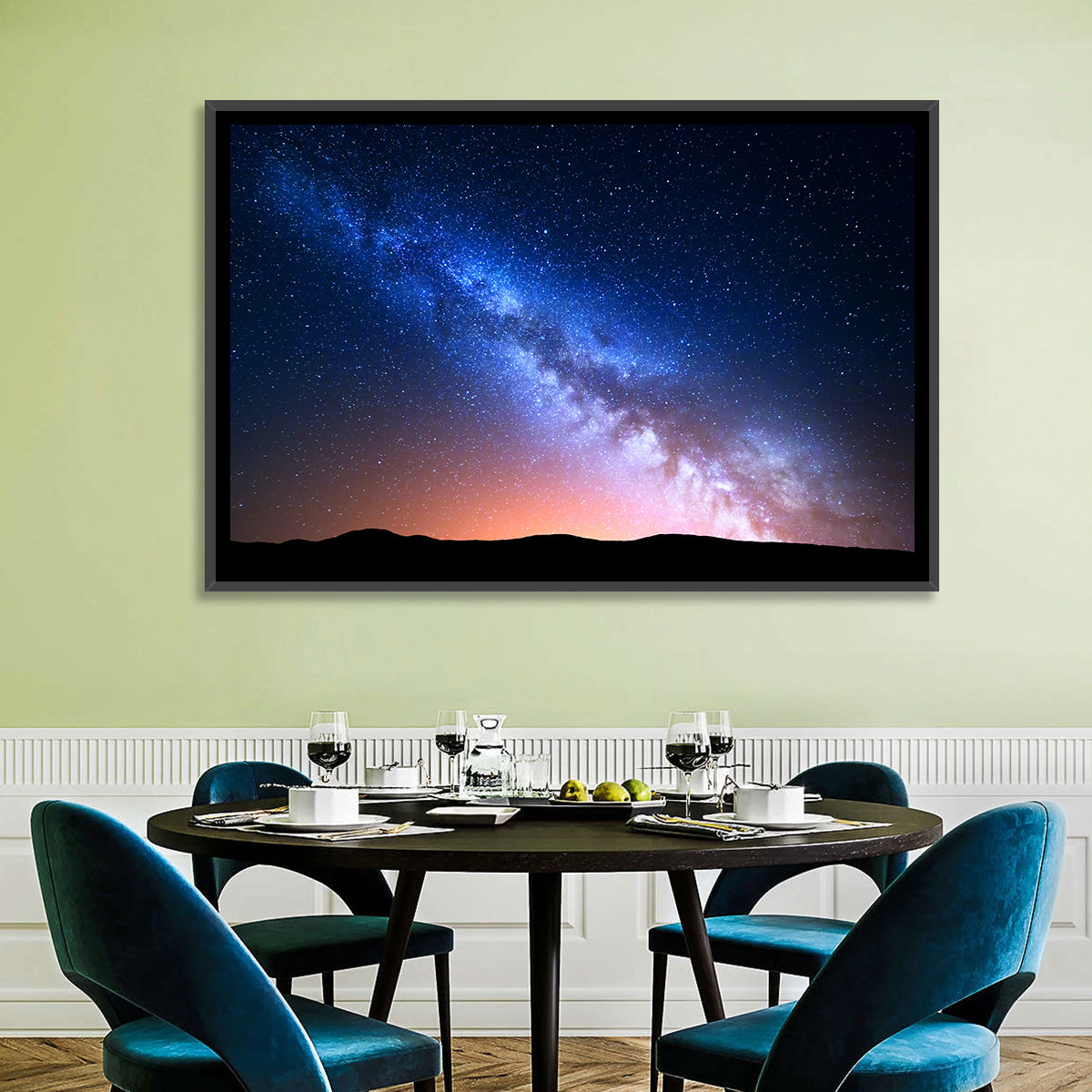 Milky Way Over Silhouetted Hills Wall Art in a room, landscape