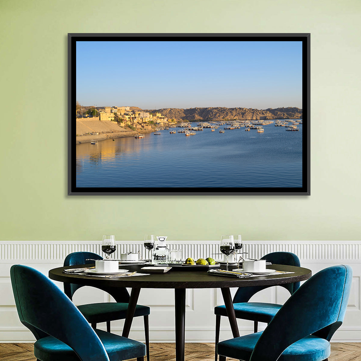 Lake Nasser Harbor View Wall Art in a room, landscape