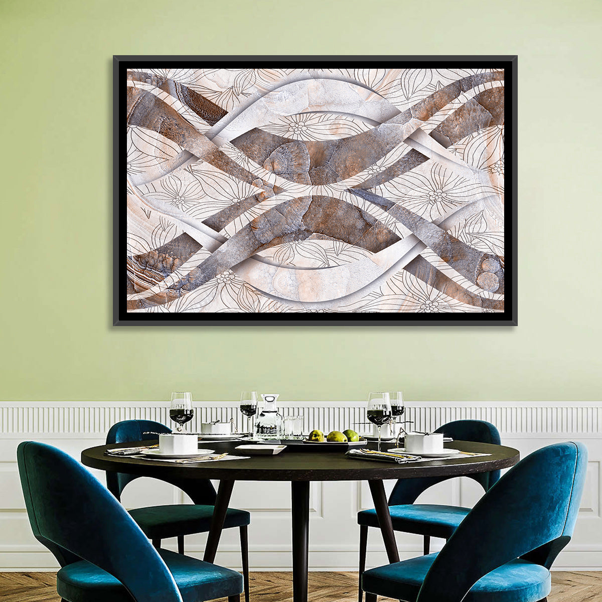 Waving Stone with Line Flowers Wall Art in a room, landscape