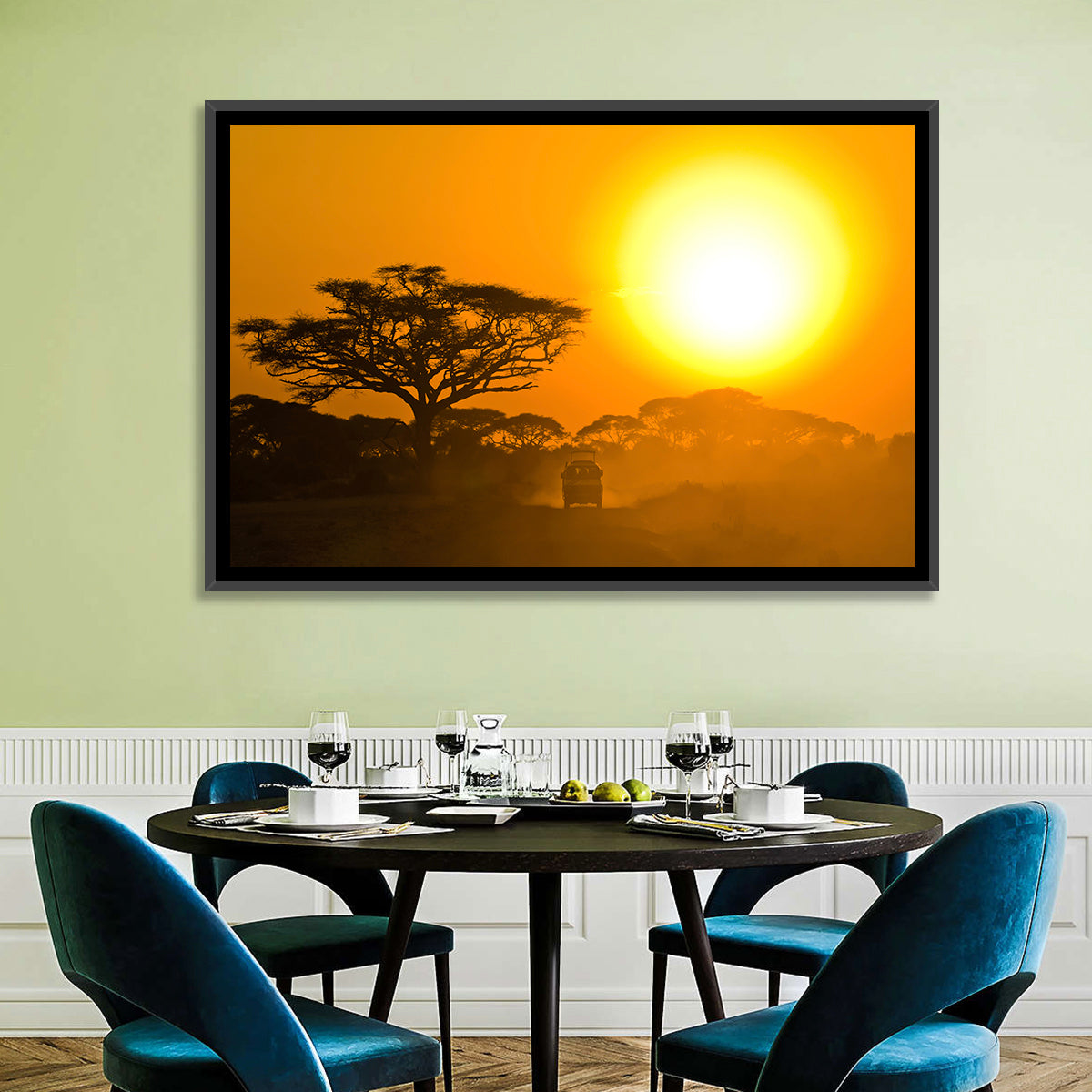 Jeep on Savannah at Sunset Wall Art in a room, landscape