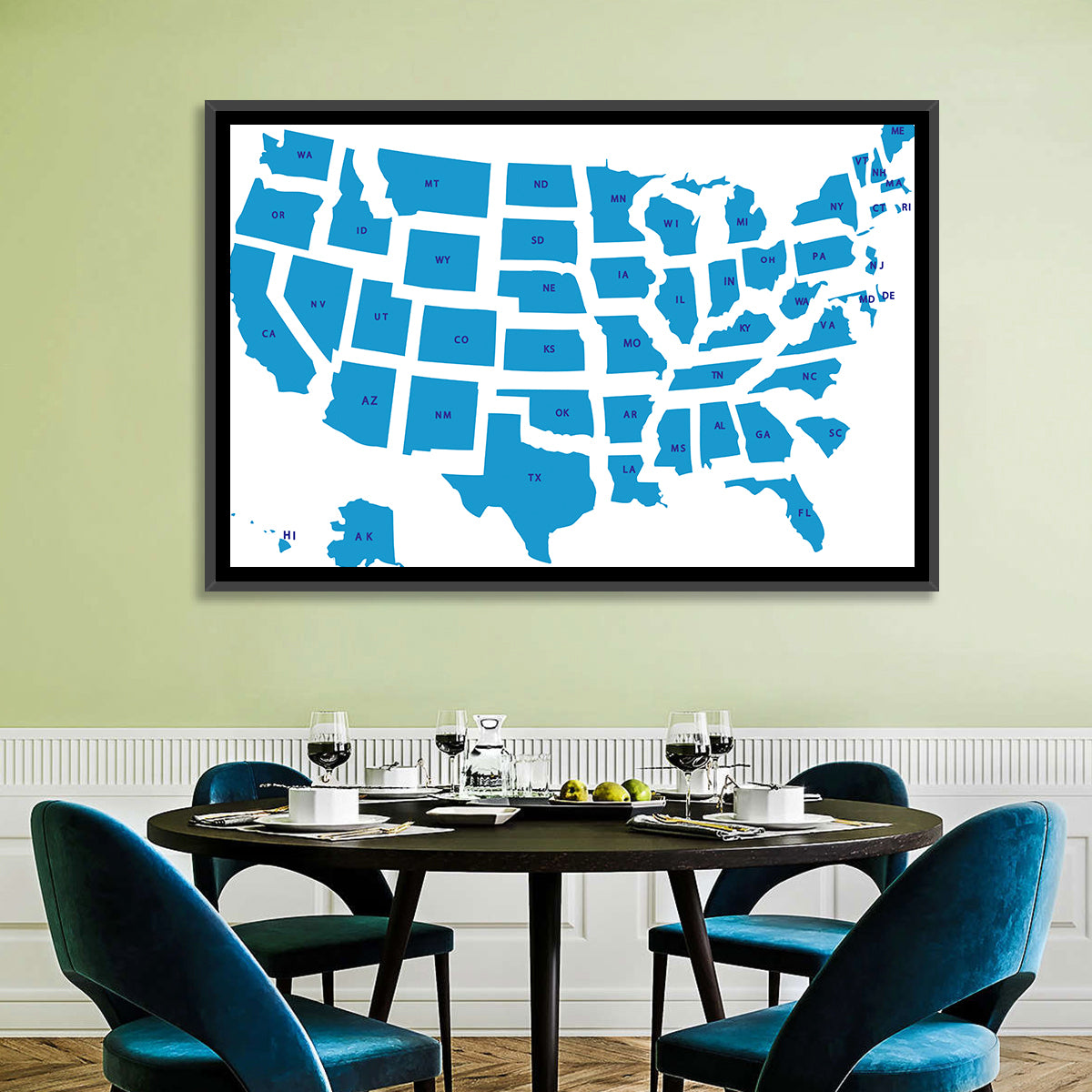 Blue Minimalist USA Map Wall Art in a room, landscape