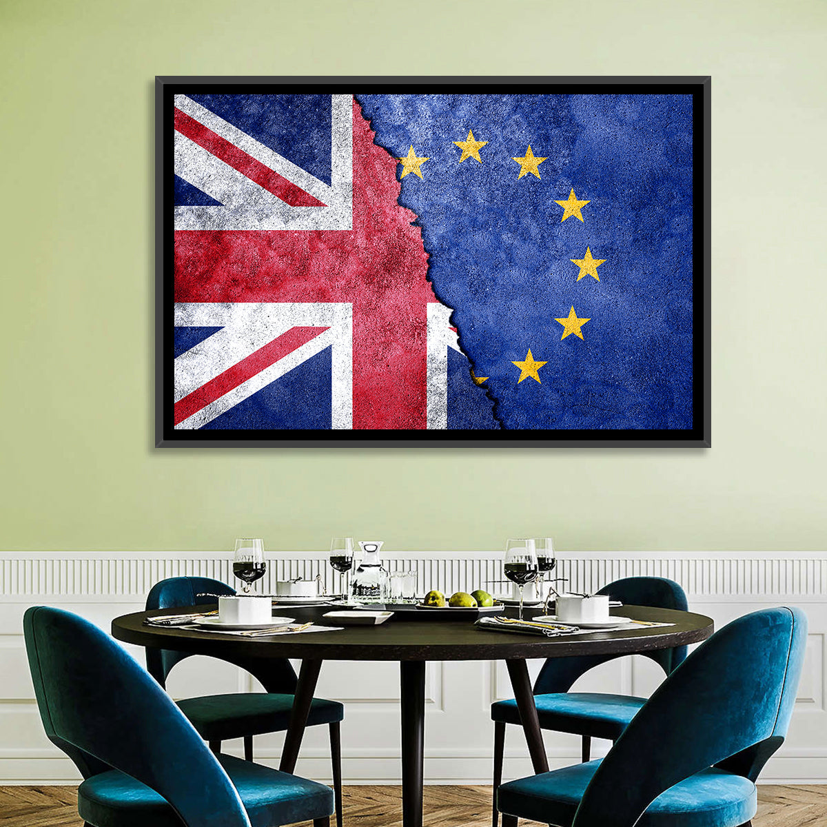 Divided Union Jack and Eu Flag Wall Art in a room, landscape