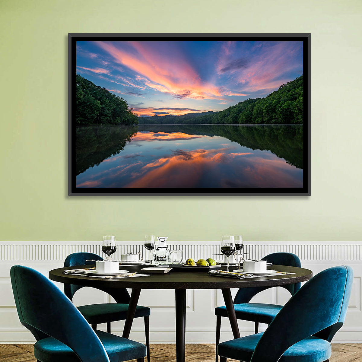 Appalachian Lake Sunset Wall Art in a room, landscape