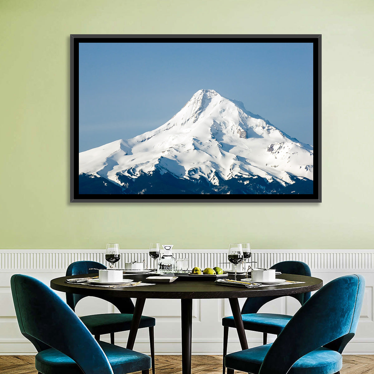 Mount Hood Winter Peak Wall Art in a room, landscape