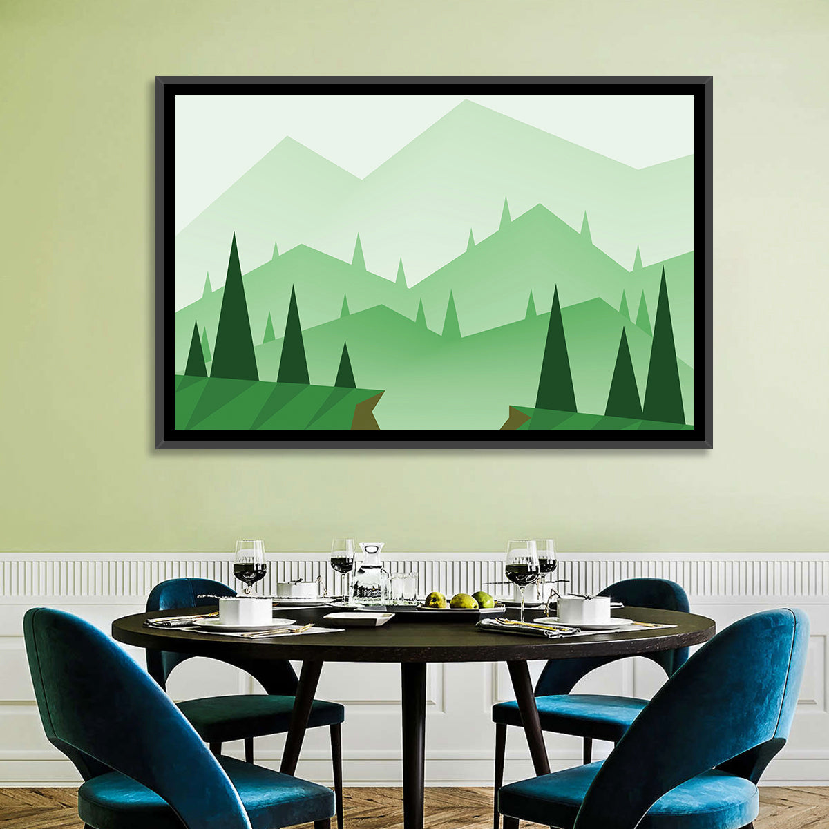 Misty Green Hills Illustration Wall Art in a room, landscape