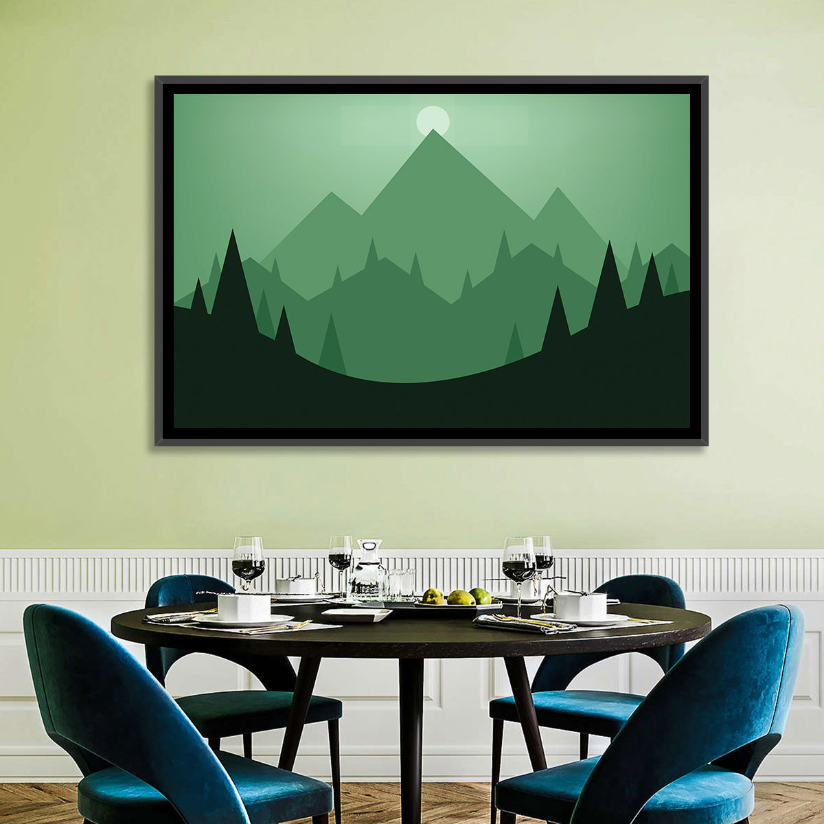 Geometric Mountain Sunset Illustration Wall Art in a room, landscape