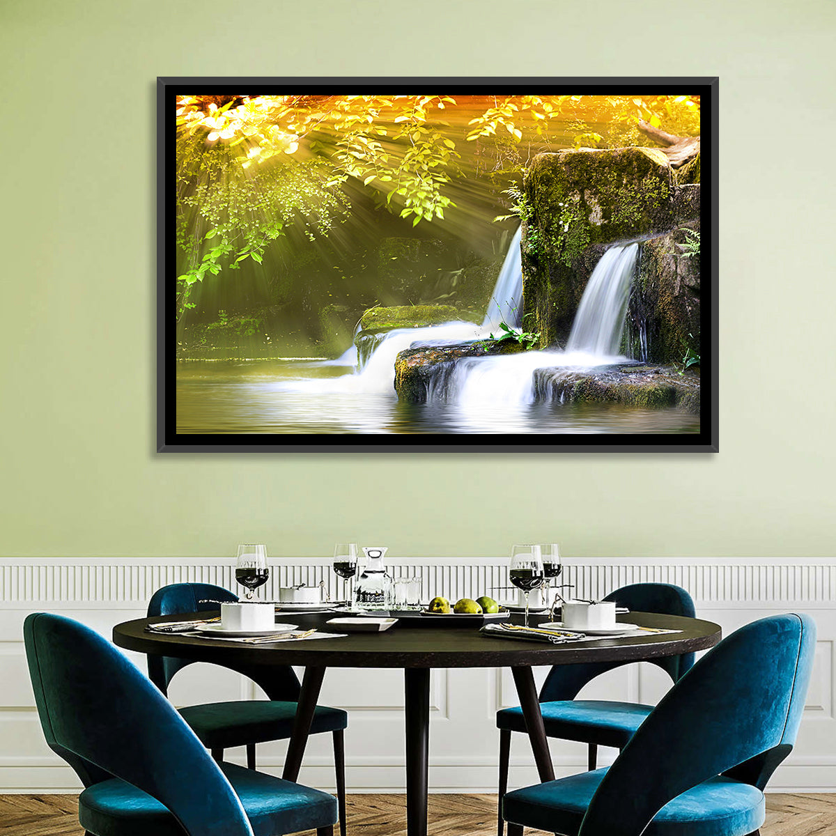 Sunlit Forest Waterfall Wall Art in a room, landscape