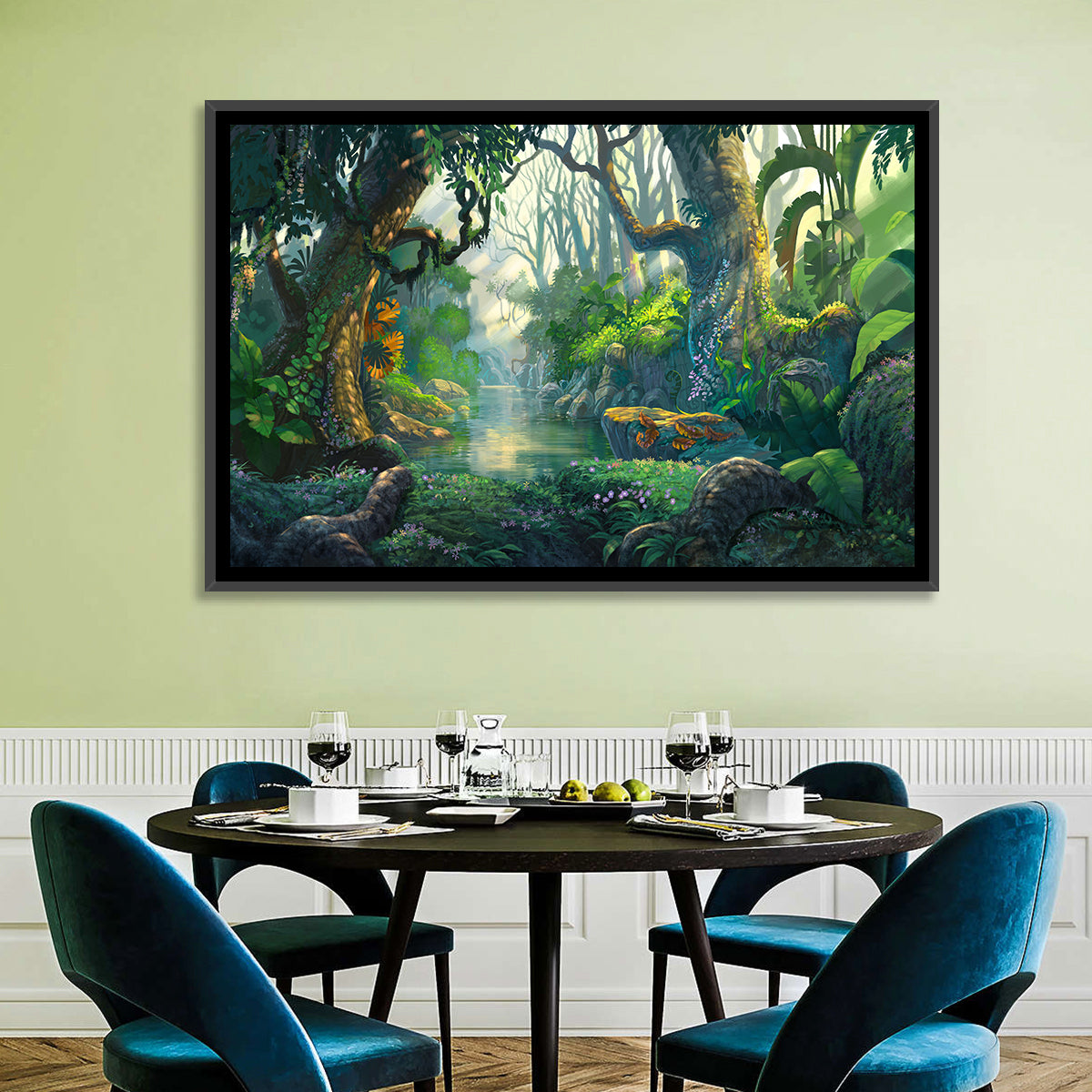 Sunlit Jungle River Wall Art in a room, landscape