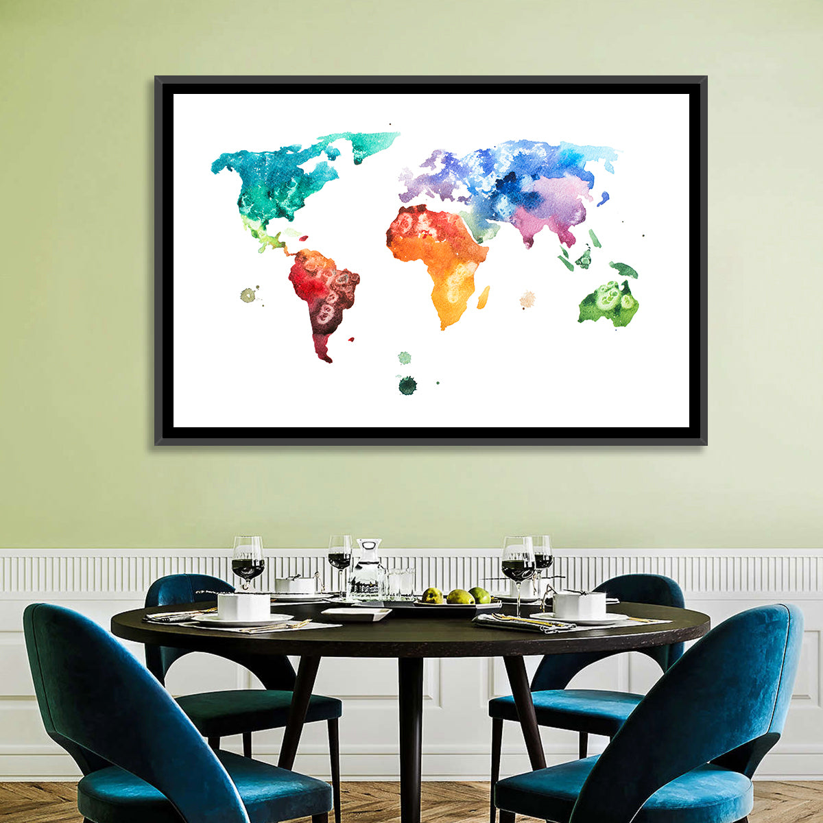 Multicolor Watercolor World Map Wall Art in a room, landscape