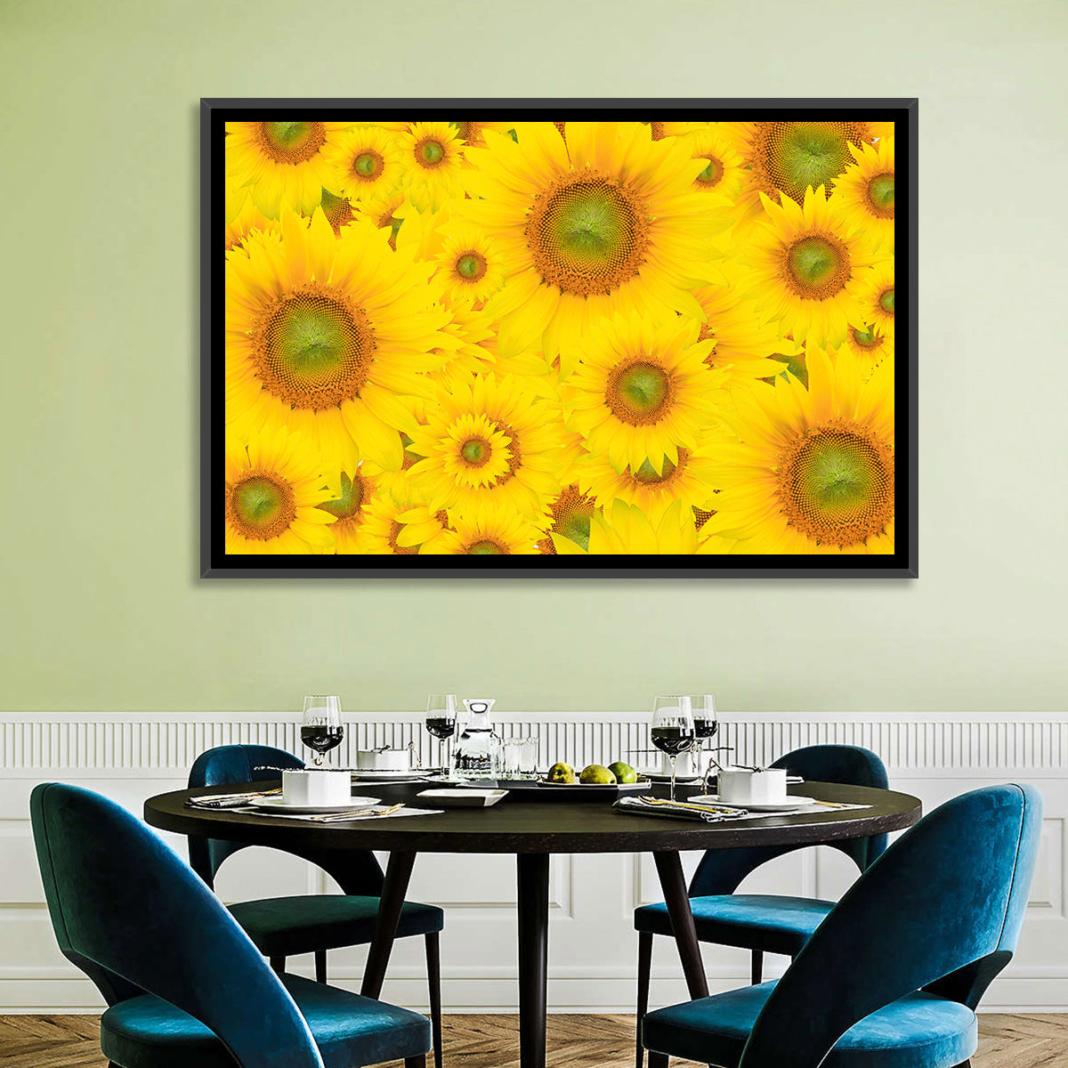 Sunflower Field Close-up in Yellow Wall Art in a room, landscape