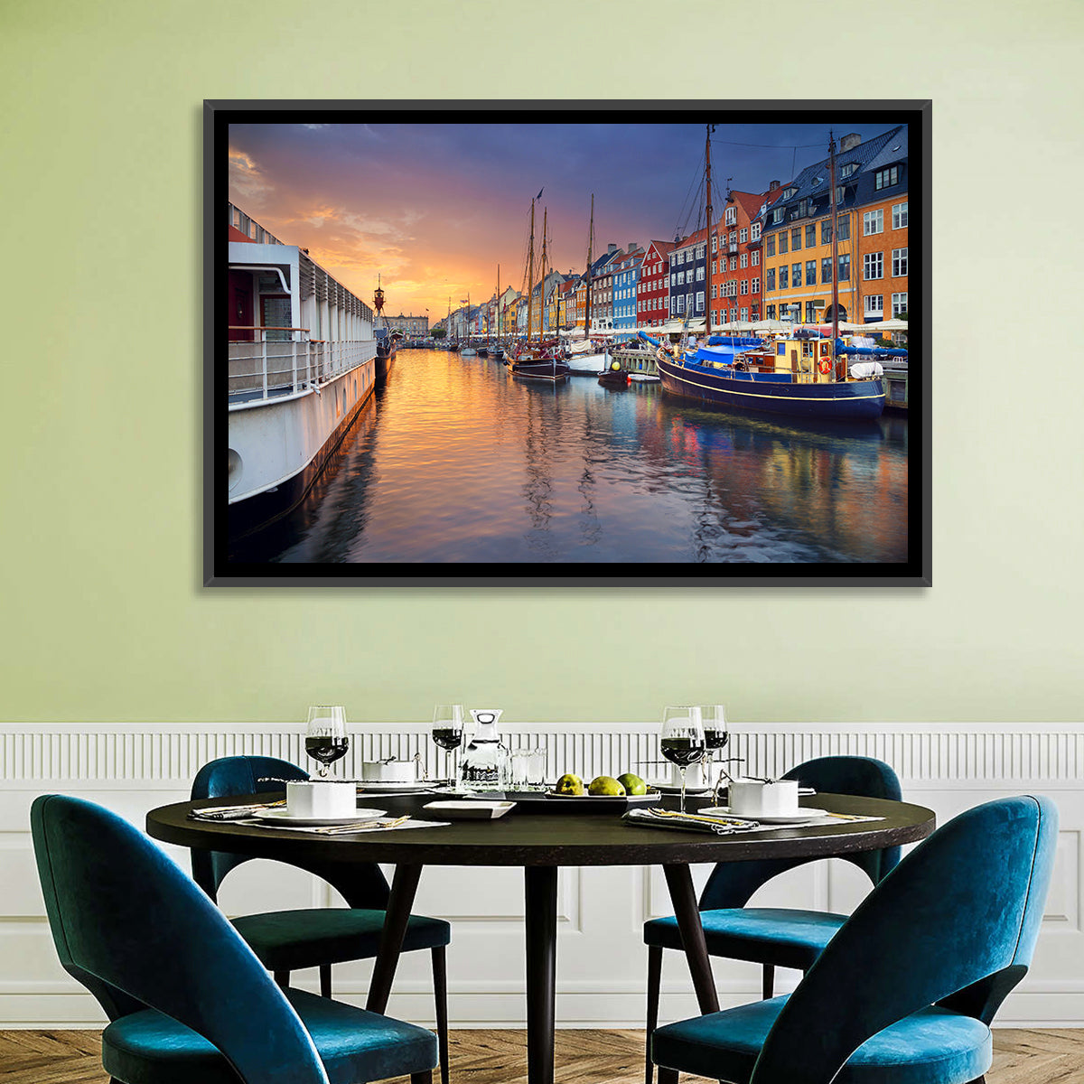 Nyhavn Canal at Sunset Wall Art in a room, landscape